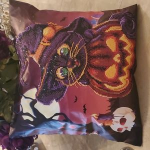 Witch's Black Cat Faux Jeweled Pillow nwot